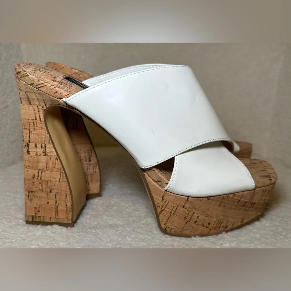 NWOT NINE WEST white‎ straps cork high heels platforms curved chunky summer 7.5